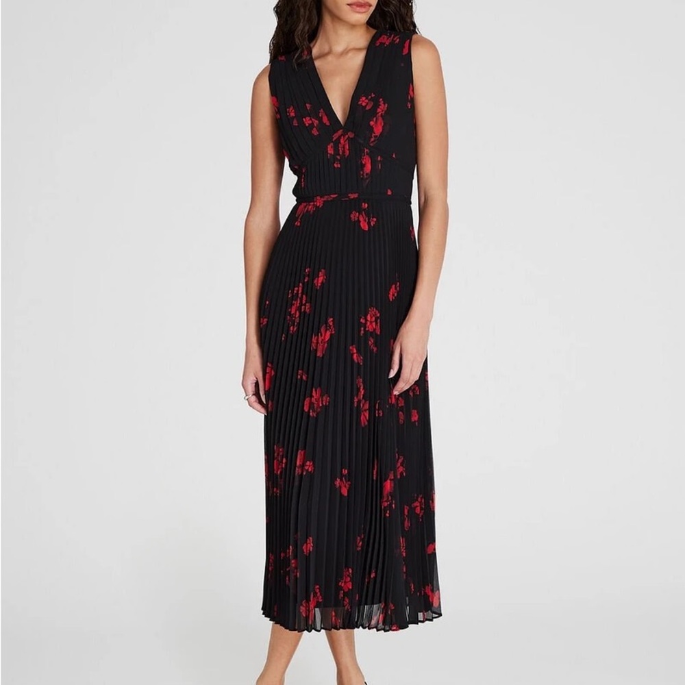 Club Monaco Pleated Floral Print Crepe Midi Dress